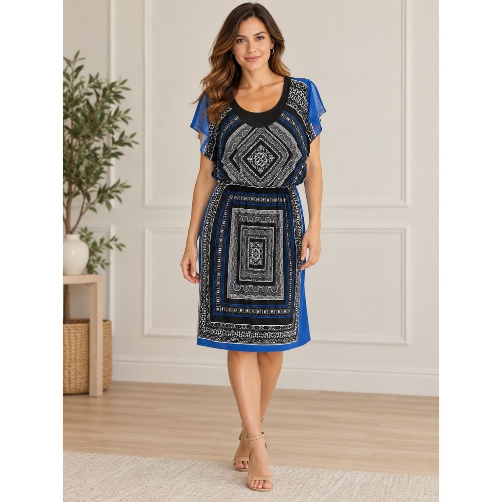 Sandra Darren Geometric Print Dress Women Size 10 Blue Black Blouson Boho Pocket